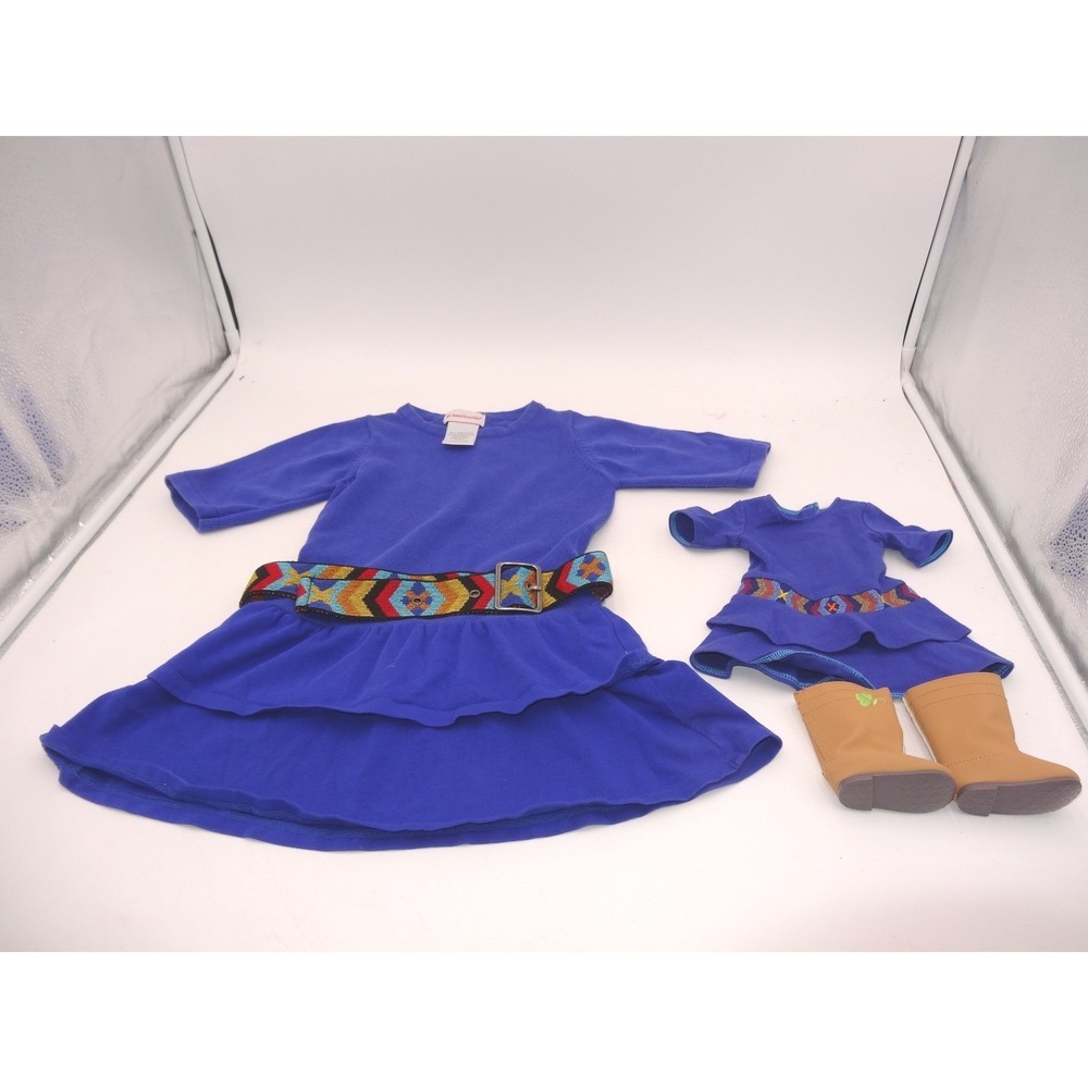 American Girl Saige Blue Dress Matching Girl and Doll Set with Boots Size 6 2013